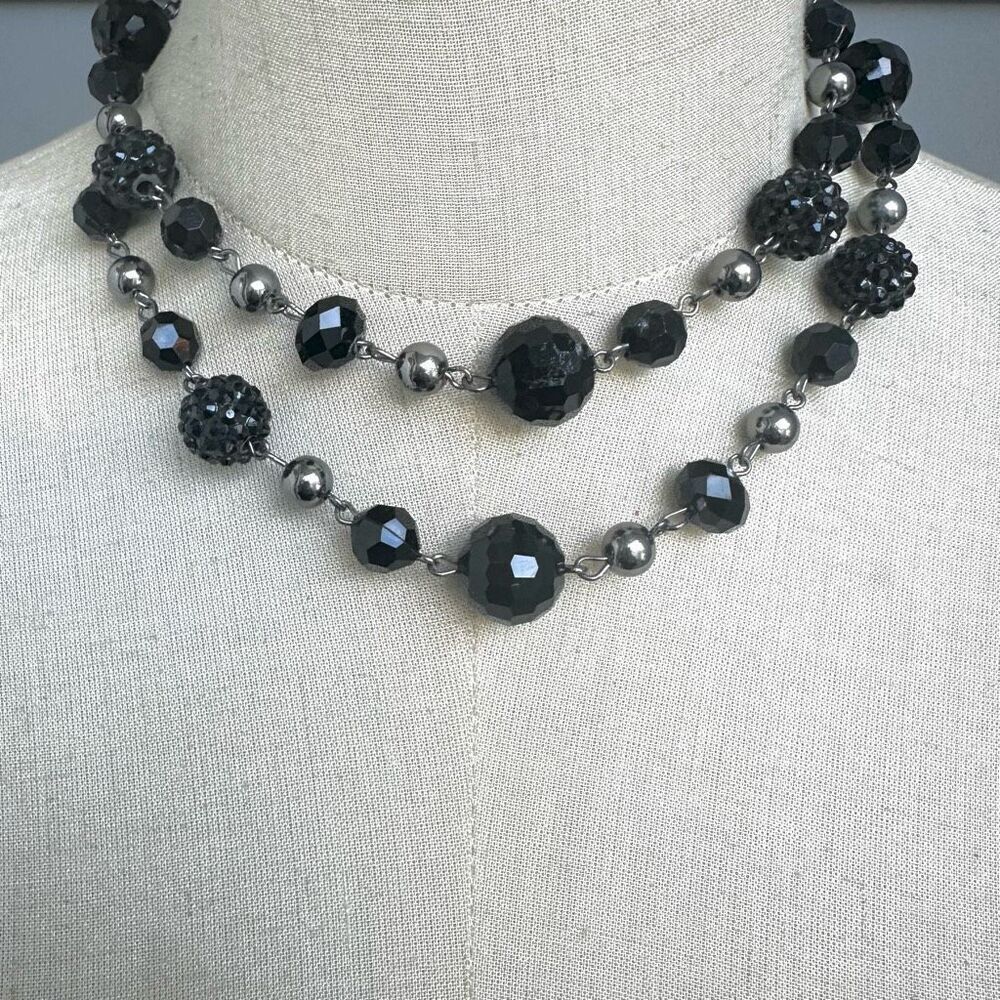 Black and silver tone long beaded necklace